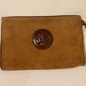 Vintage FENDI clutch handbag in ribbed tan suede and Janus medallion design.